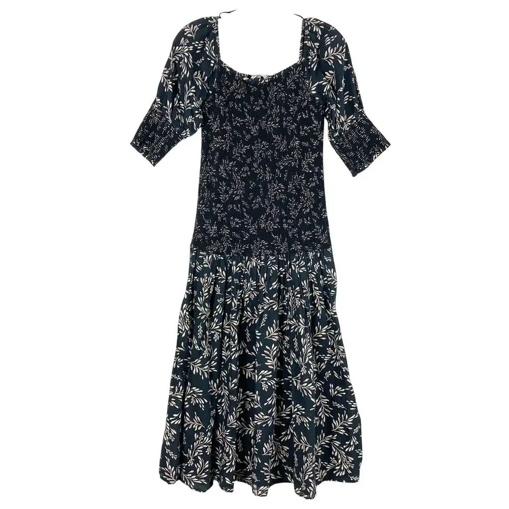 NWOT ZARA Dress M Linen Floral Off/On-Shoulder Puff-1/2-Sleeve Fit&Flare Smocked - Picture 5 of 14